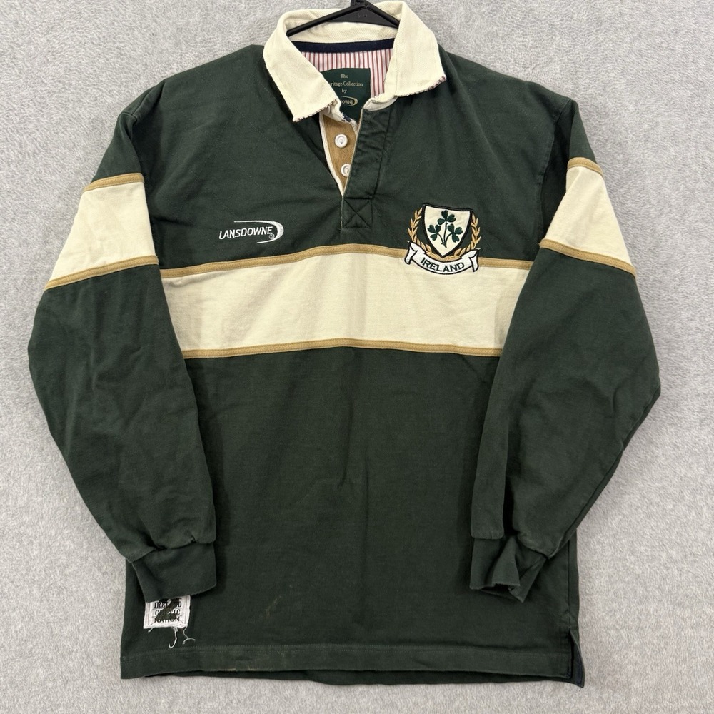 Lansdowne Rugby Shirt Mens S Green Ireland Quilted Shoulder Polo Rubber Buttons